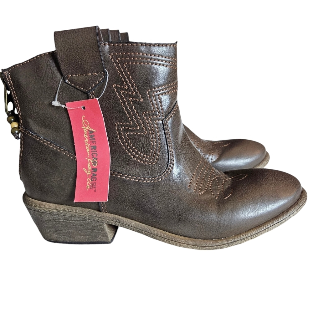 American Rag Western Boots Stacked Heel Pull On Leather Brown Womens 8.5 - Picture 1 of 13